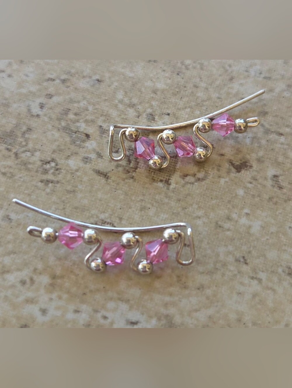 Handcrafted 925 Sterling Silver Ear Climbers - Pink Crystal Wave Sweeps (Pair)